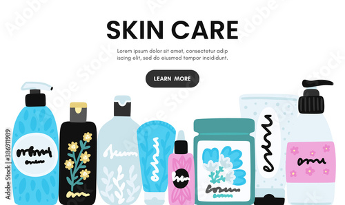 Vector cosmetic products. Natural cosmetics. Beauty care. Many jars and bottles. Facial skin care. Online store. Landing page template. Background is for banner, header, advertising, mailing list