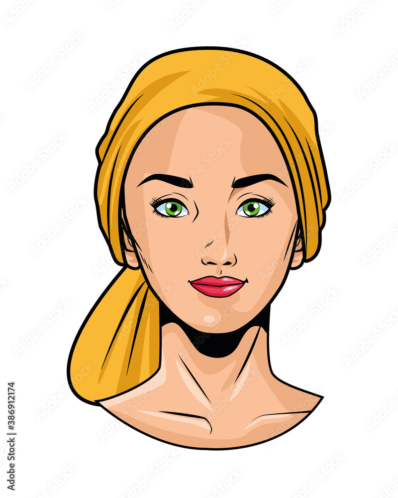 cute young woman wearing head scarf head pop art style