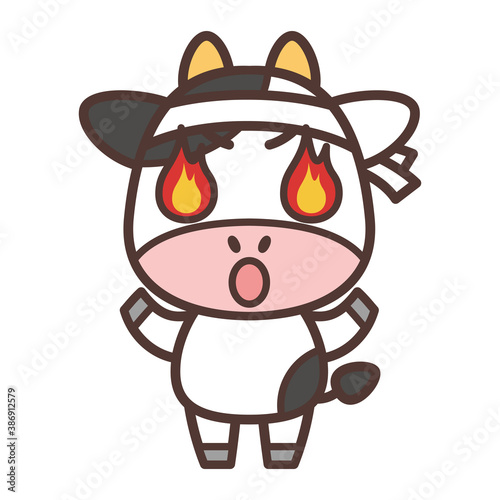 目が炎になって燃えている牛のキャラクター