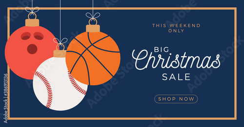 Sport Merry Christmas sale horizontal banner. Christmas card with sport basketbal, bowling and baseball balls hang on a thread on blue background. Flat and cartoon Vector illustration