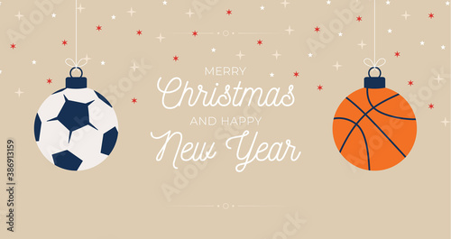 Sport Merry Christmas horizontal banner. Christmas card with sport basketbal and football balls hang on a thread on sand background with star. Flat and cartoon Vector illustration. Place for your text