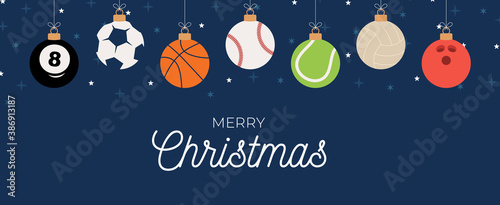 Sport Christmas greeting card. Christmas card with sport baseball, basketball, football, tennis, cricket, soccer, volleyball, bowling, billiard balls hang on a thread. Vector illustration.
