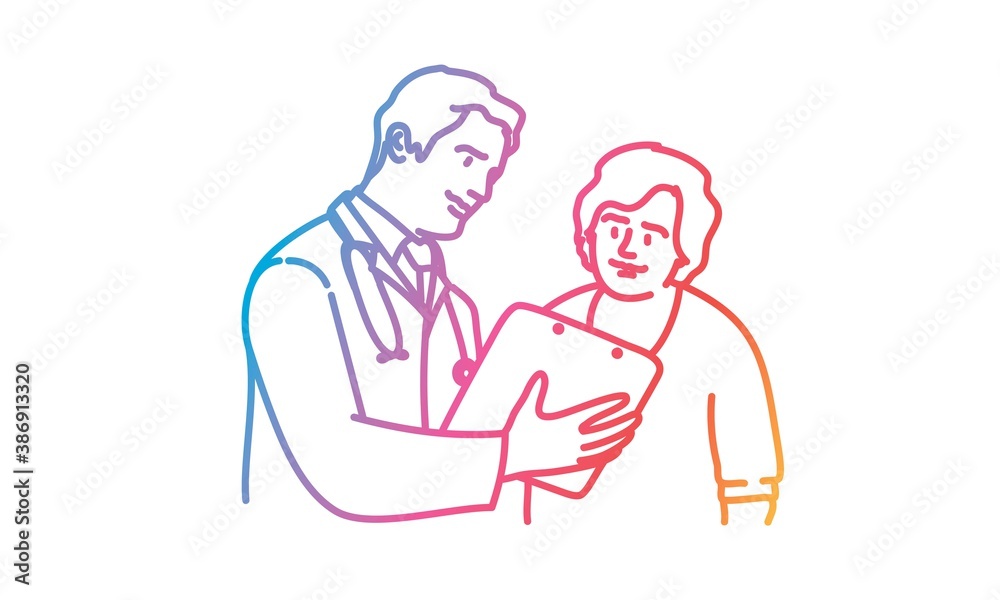Doctor shows the patient a medical examination. Gradient line. Vector illustration. 