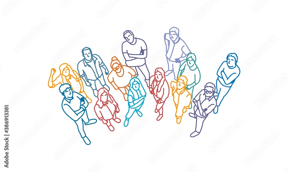 Fototapeta premium Teamwork. People looking up. View from above. Color line. Vector illustration.