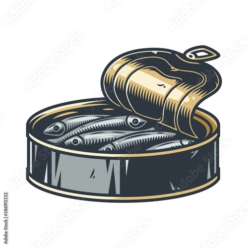 Element of a sprat or tuna fish in tin can for camping and travel. Colored vector Illustration for traveler and tourist. Outdoor adventure equipment