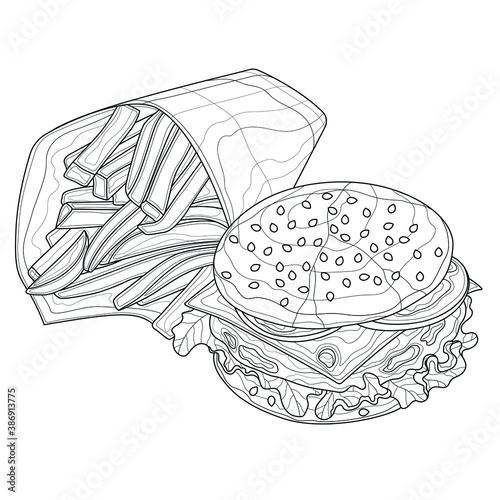 Fast food. Burger and
French fries .Coloring book antistress for children and adults. Illustration isolated on white background.Zen-tangle style.