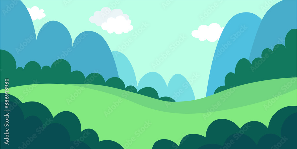 The background for the animation. Mountains, clouds, bushes, forest. Simple background, environment. Blue tint. Sky with clouds. Bright day. The background for the animation. Mountains, clouds, bushes, forest. Simple background, environment. Blue tint. Sky with clouds. Bright day.