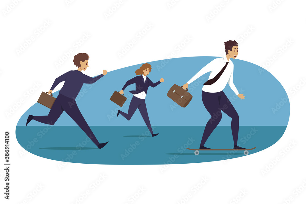 Leadership, motivation, career, advantage, business concept. Group of businesspeople following running chasing businessman leader participating in race competition. Taking advantages and motivation.