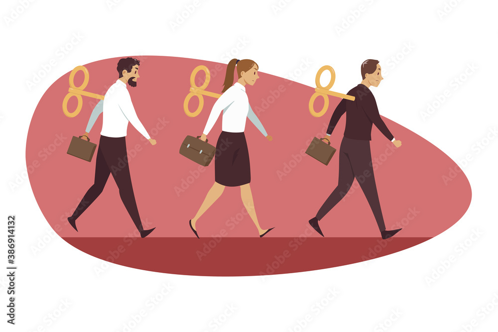 Obraz premium Fatigue, business, mental stress, frustration, management, routine concept. Depressed frustrated team group of businessmen woman clerks managers walking in line tired after work day illustration.