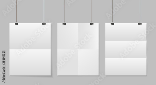Paper fold. Hang poster on rope. Mockup of white sheet isolated on transparent background. Blank a4 with clip and rope. Mock of news. Vertical template brochure with clamp and shadow. Vector