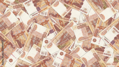 Illustration of a rectangular seamless pattern or wallpaper. Paper money of the Russian Federation. The largest denomination of a banknote in Russia. 5000 rubles scattered randomly in a mess
