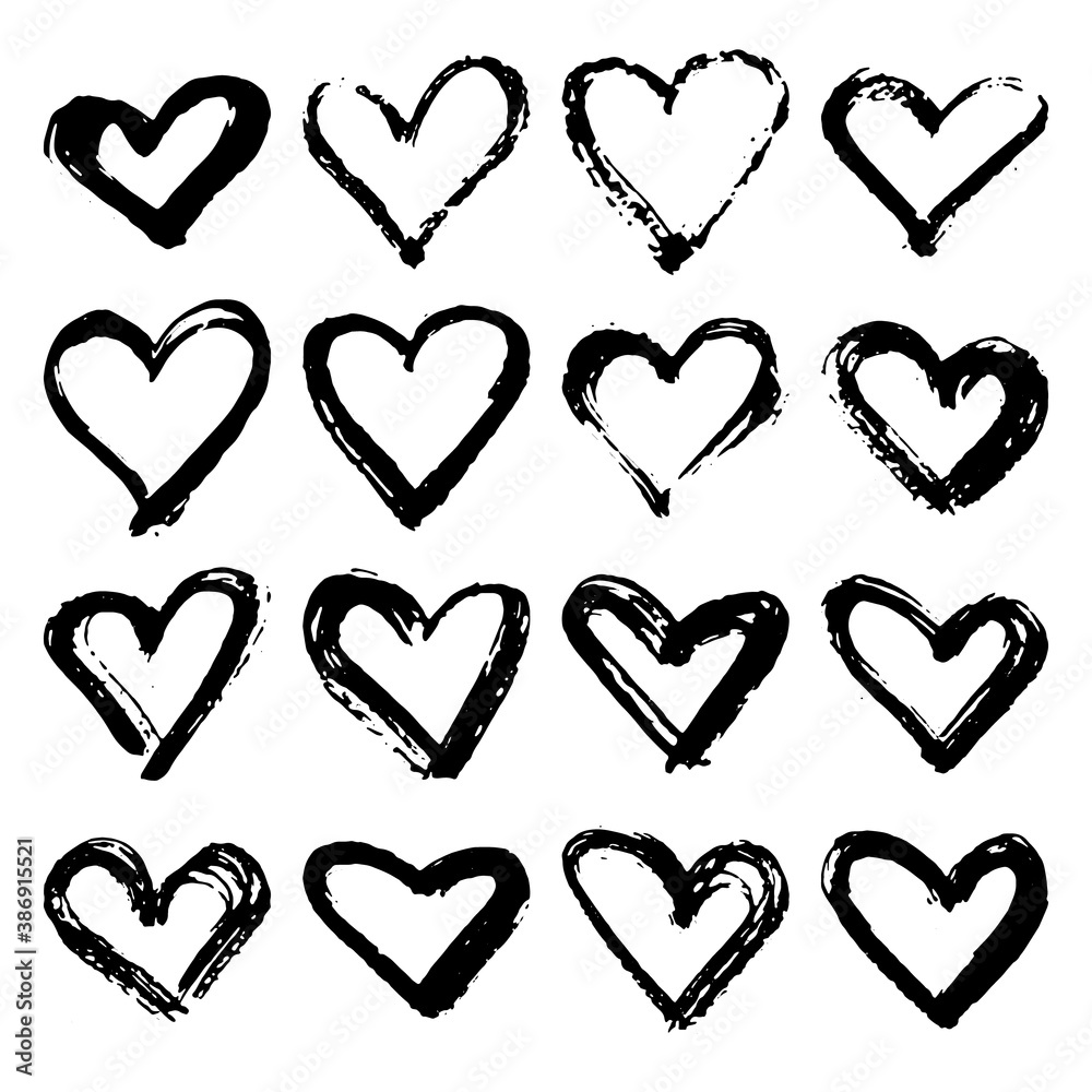 Collection of black grunge paint heart. Set of brush strokes isolated on white background. Vector illustration. Collection of black grunge paint heart. Set of brush strokes isolated on white background. Vector illustration.