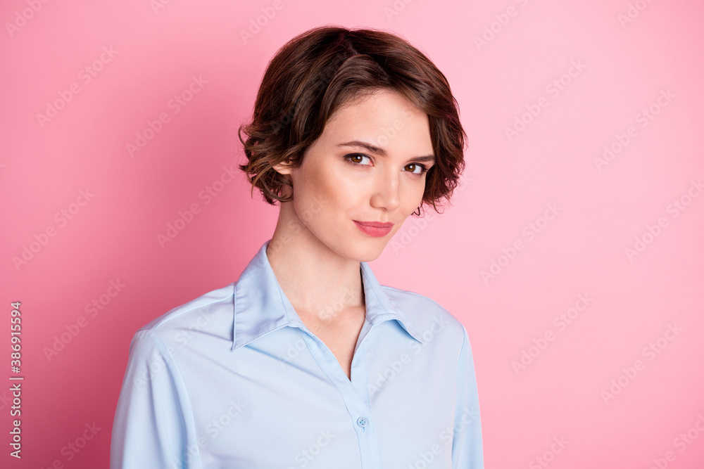 Closeup photo of attractive business lady smiling without teeth charming cute appearance self-confident successful person wear blue office shirt isolated pink pastel color background Closeup photo of attractive business lady smiling without teeth charming cute appearance self-confident successful person wear blue office shirt isolated pink pastel color background