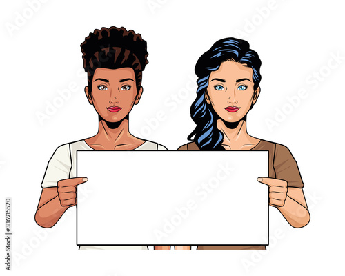 interracial young women couple with banner pop art style