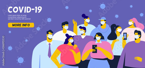 Group of people wearing medical masks.
People wearing Face Mask Fight Against Covid-19, Coronavirus Disease, Health Care. Flat Vector illustration