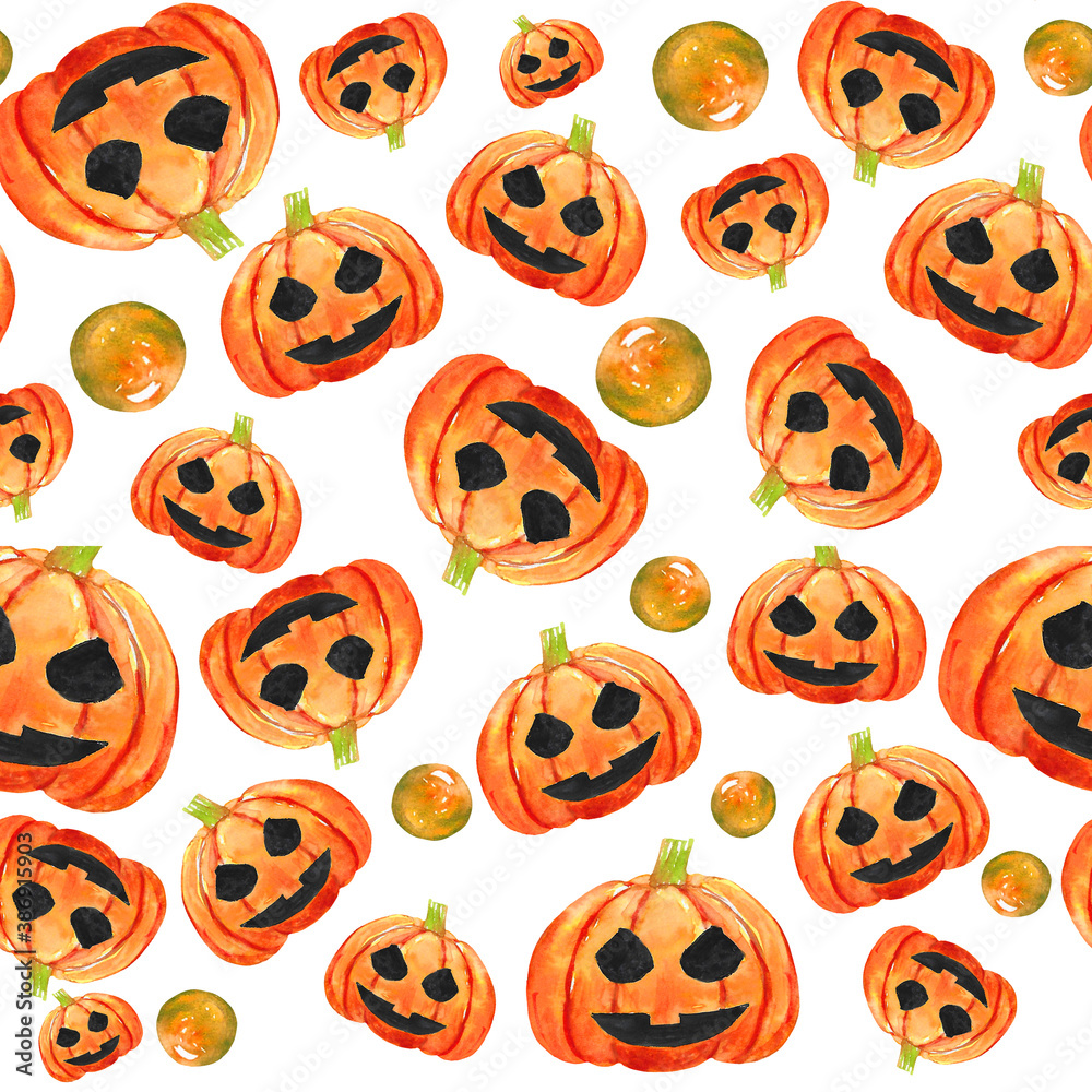 Handmade watercolour Halloween theme seamless pattern wrap paper, cover, background 