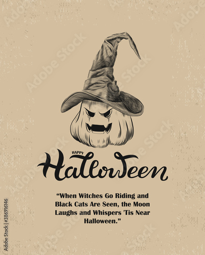 Happy Halloween Poster Print with evil pumpkin in witch hat