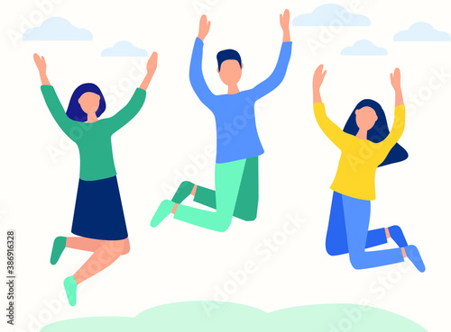 young people are jumping with happiness. People are having fun, relaxing and having fun. Productive and successful teamwork, the concept of business ideas.