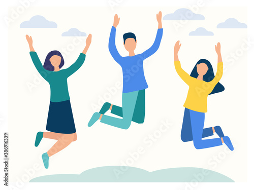 young people are jumping with happiness. People are having fun, relaxing and having fun. Productive and successful teamwork, the concept of business ideas.