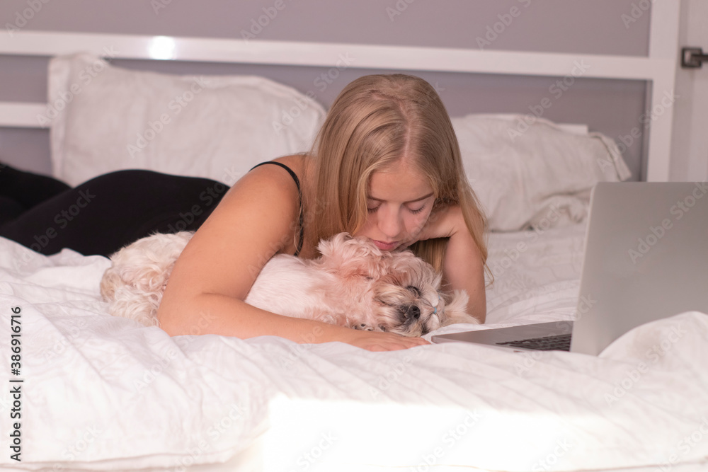 beautiful blonde with a puppy shih-tzu and laptop on bed with white sheets. pretty people and pets on isolation. beautiful blonde with a puppy shih-tzu and laptop on bed with white sheets. pretty people and pets on isolation.