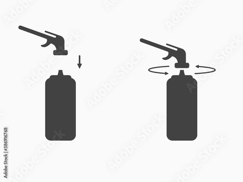 Set assembly instructions for polyurethane foam or gas burner icon. Using sealant a balloon for mounting. Vector