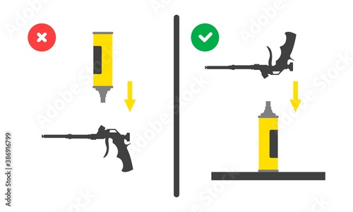 Position of the balloon during installation of the assembly gun. Right and wrong use of mounting tool. Vector