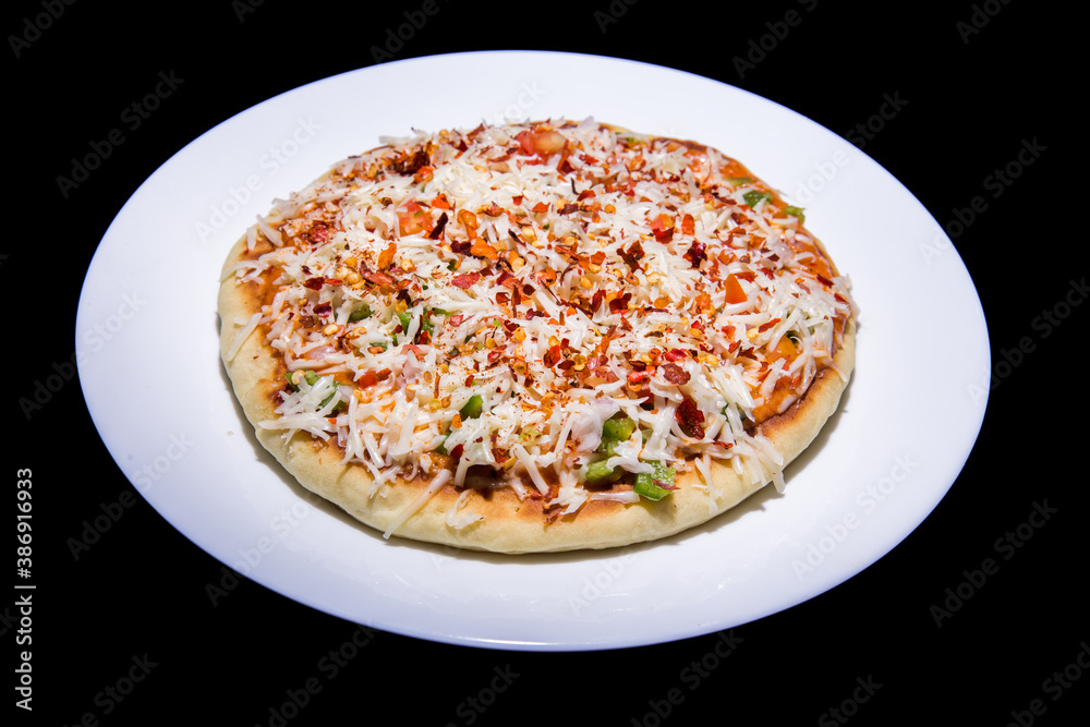 a full round cheese capsicum onion tomato flavor homemade pizza completely baked at home
