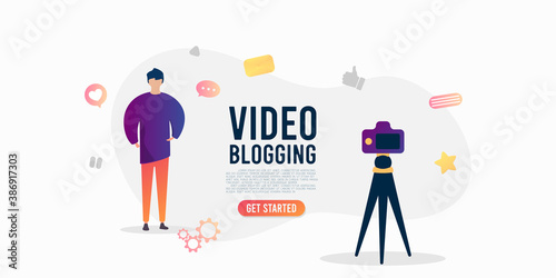 Cartoon internet blogger takes video on his camera. Vector illustration