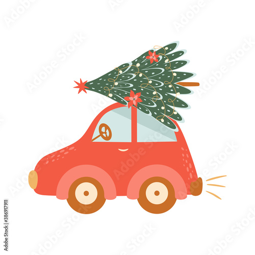 Christmas tree on car. Red car christmas tree isolated New year time element. Decorative car. Cute cartoon illustration.