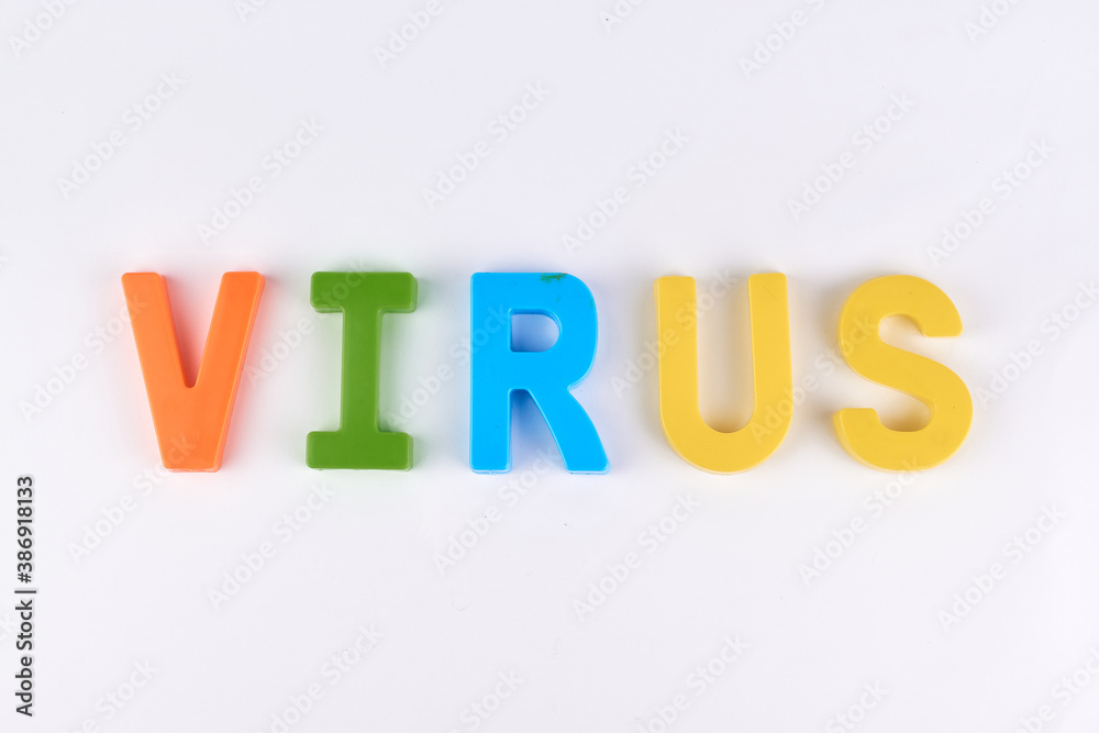 Obraz premium virus colored sign word with alphabet isolated on white background
