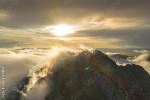 Tryfan mountain sunrise aerial view in Snowdonia National Park