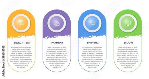 Concept of shopping process with 4 successive steps. Four colorful graphic elements. Timeline design for brochure, presentation, web site. Infographic design layout.