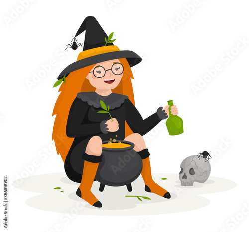 A witch girl brews a potion for happy Halloween on October 31. Next to the pot, the skull and spiders. Cute flat vector illustration on a white background.
