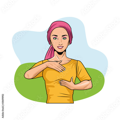 woman doing breast self exam wearing head scarf pop art style