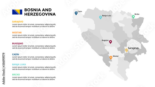  Bosnia and Herzegovina vector map infographic template. Slide presentation. Global business marketing concept. Color Europe country. World transportation geography data. 