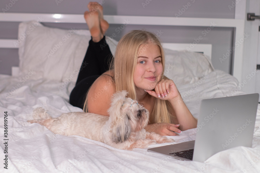 beautiful blonde with a puppy shih-tzu and laptop on bed with white sheets. pretty people and pets on isolation. beautiful blonde with a puppy shih-tzu and laptop on bed with white sheets. pretty people and pets on isolation.