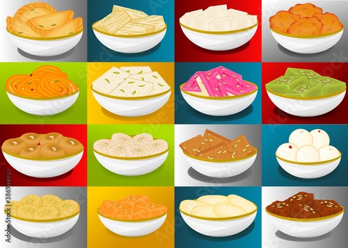 Indian Sweets or Mithai Like Gujiya,Jalebi,peda,Rasgulla,Barfi,Petha,Malpua,Sandesh,Soan papdi photo