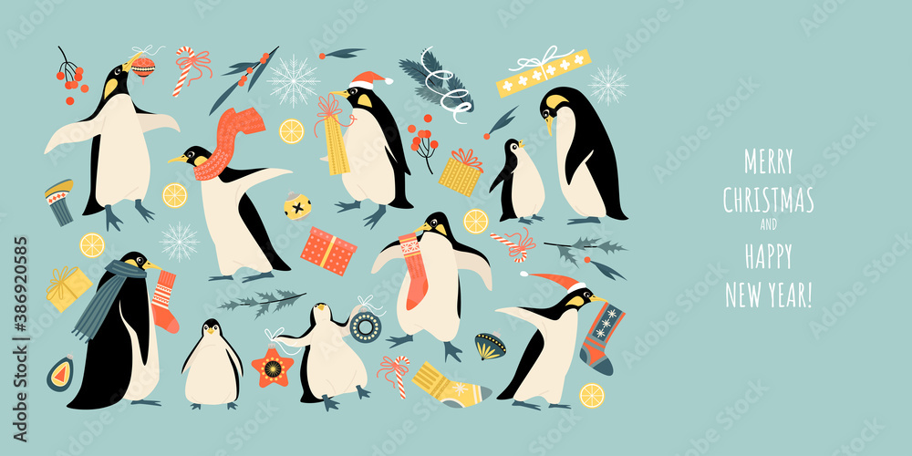 Obraz premium Vector banner for Christmas and New Year with funny penguins, decorations and gifts
