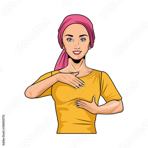 woman doing breast self exam wearing head scarf pop art style