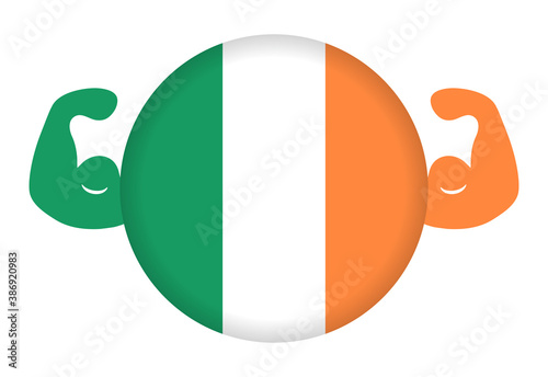 強いアイルランドのイメージイラスト（円形のアイルランド国旗と力こぶ）
