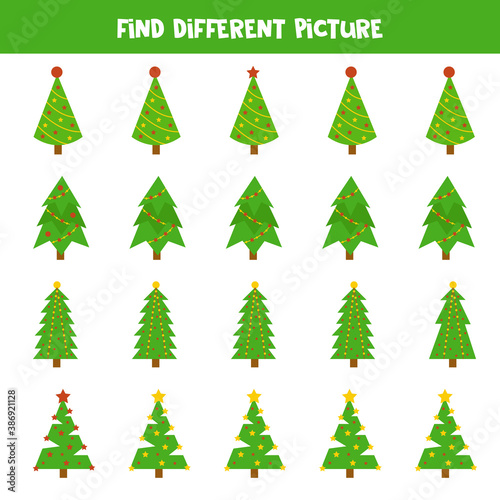 Find different picture of Christmas fir tree in each row. Educational logical game for kids.