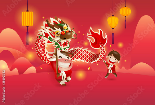 Happy Chinese New Year 2021 the year of the ox. Cute ox performing dragon dance with a boy and red festive Backgrounds. 