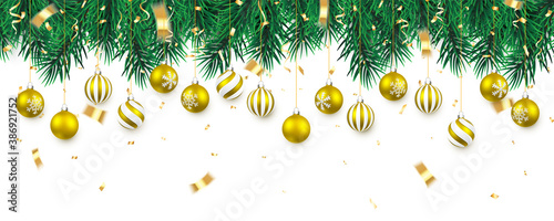 Festive Christmas or New Year Background. Christmas tree branches with confetti and xmas gold balls. Holiday's Background. Vector illustration