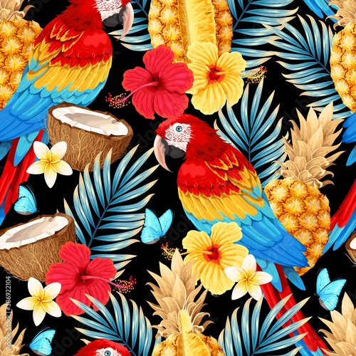 Vector seamless pattern with macaw and fruits