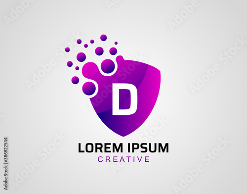 Letter D Dot Shield Logo, Modern Security Technology Icon Design.