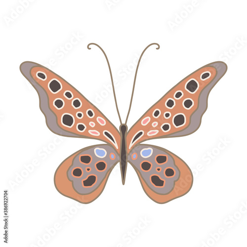 Vector illustration of an orange butterfly with thin wings and small black spots. Graceful butterfly for make-up studio logo, beauty brand decoration, Beautiful and cute butterfly isolated on white © Leria Kaleria