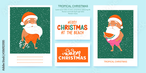 Summer Santa's greeting cards. Vector illustration. Tropical Christmas and Happy New Year