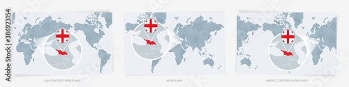 Three versions of the World Map with the enlarged map of Georgia with flag.