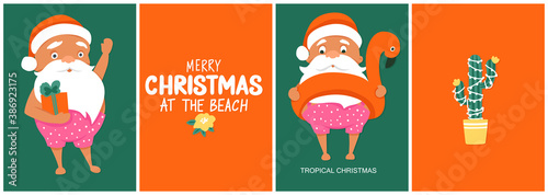 Summer Santa's greeting cards. Vector illustration. Tropical Christmas and Happy New Year