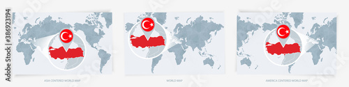 Three versions of the World Map with the enlarged map of Turkey with flag.